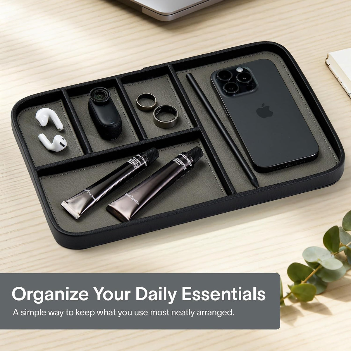 Nordik Leather Valet Tray - Medium EDC Tray - Pebble Black 9.5 x 7.9 in