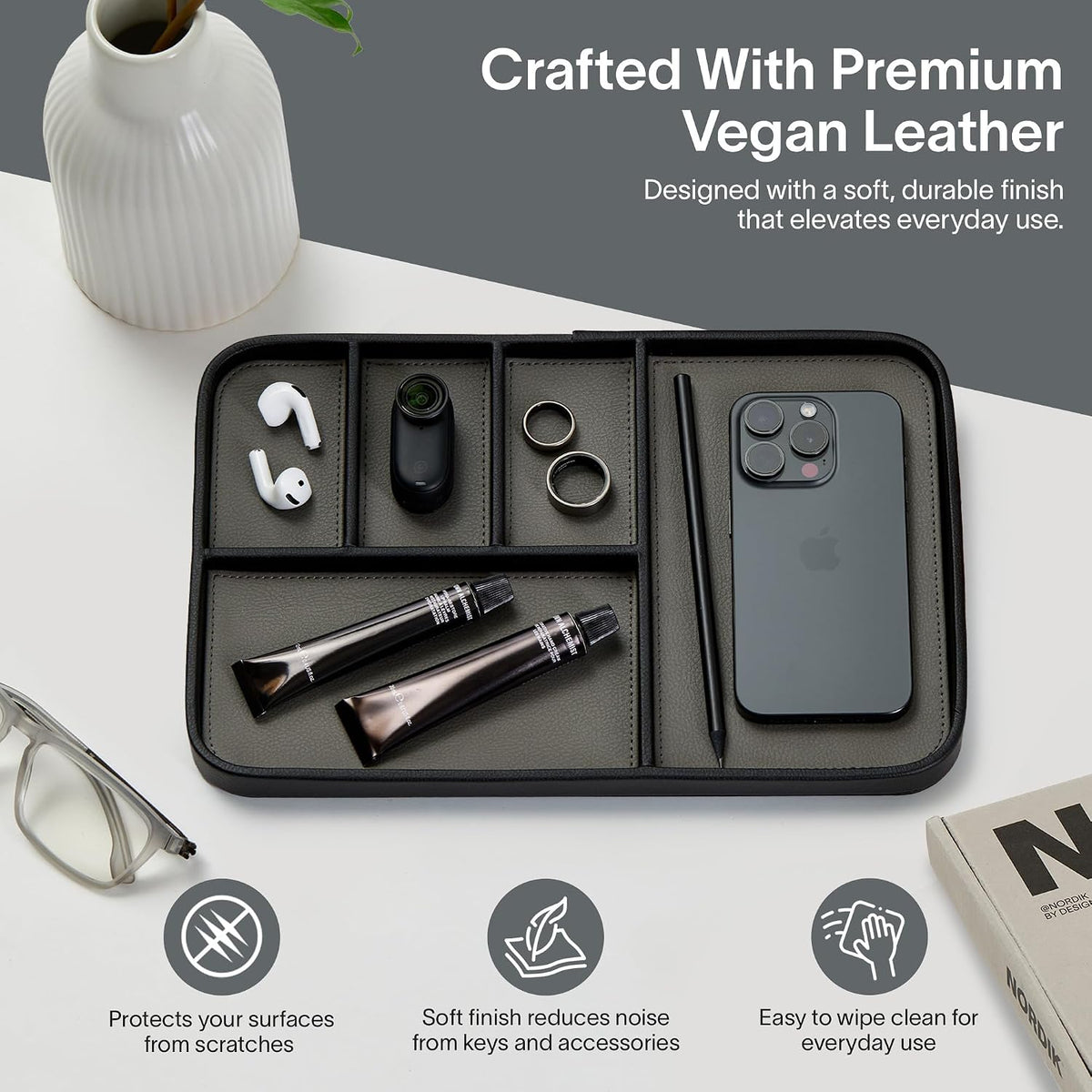 Nordik Leather Valet Tray - Medium EDC Tray - Pebble Black 9.5 x 7.9 in