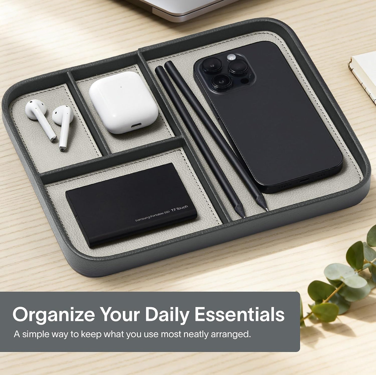 Nordik Leather Valet Tray - Medium EDC Tray - Pebble Black 9.5 x 7.9 in