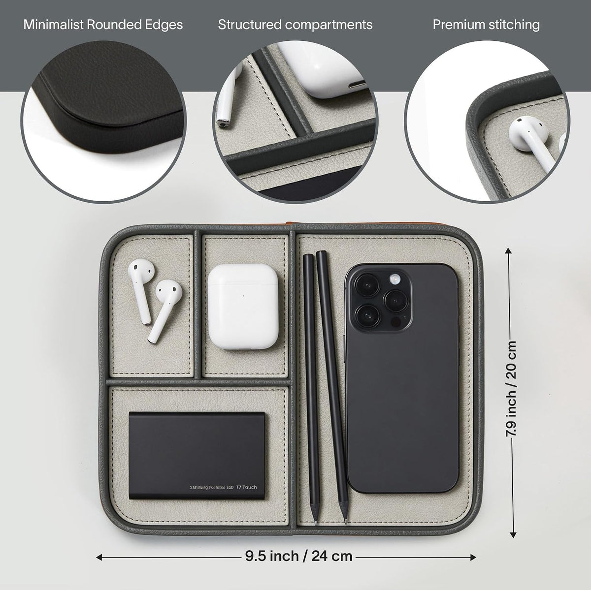 Nordik Leather Valet Tray - Medium EDC Tray - Pebble Black 9.5 x 7.9 in