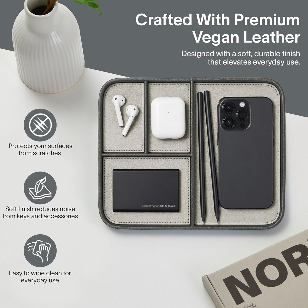 Nordik Leather Valet Tray - Medium EDC Tray - Pebble Black 9.5 x 7.9 in