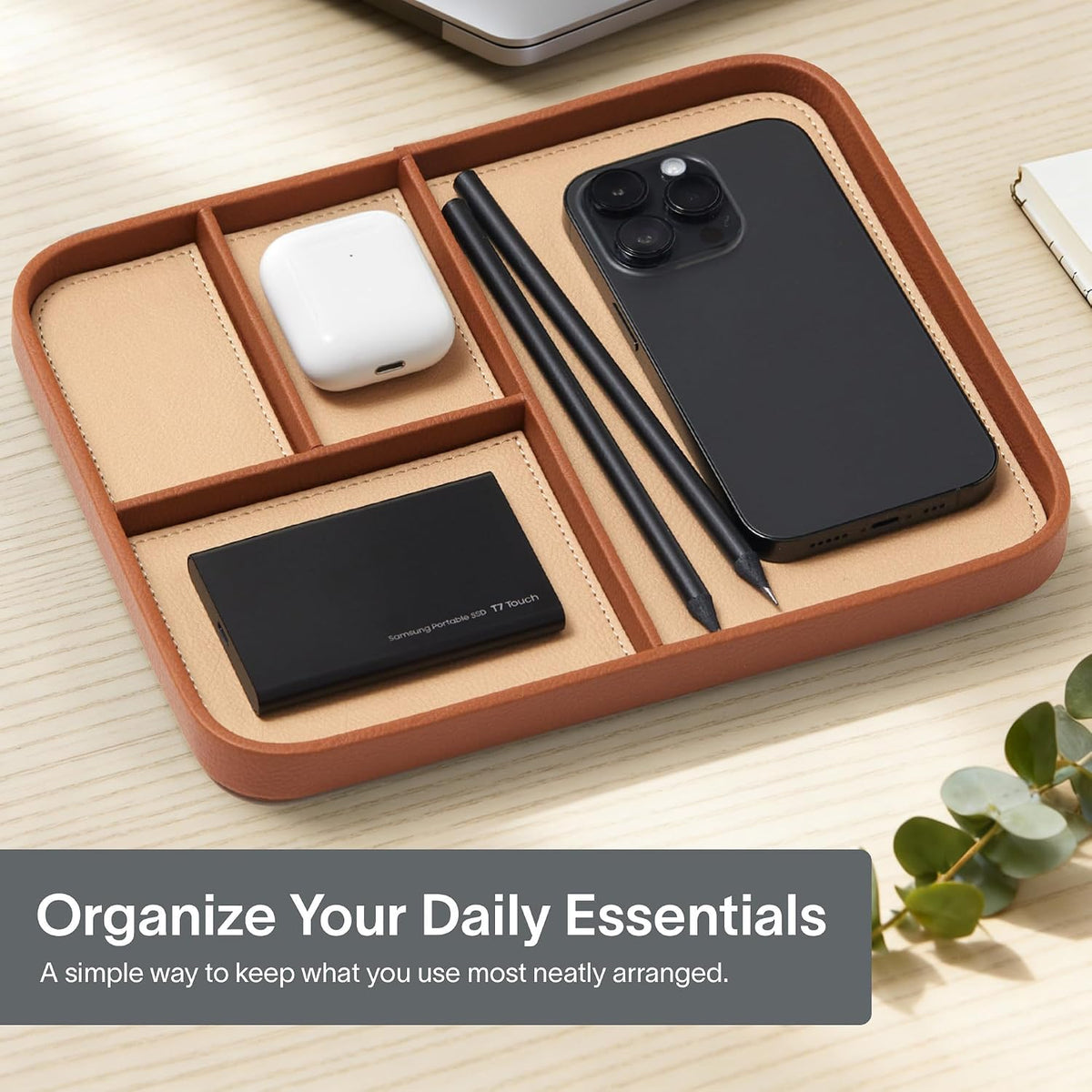Nordik Leather Valet Tray - Medium EDC Tray - Pebble Black 9.5 x 7.9 in