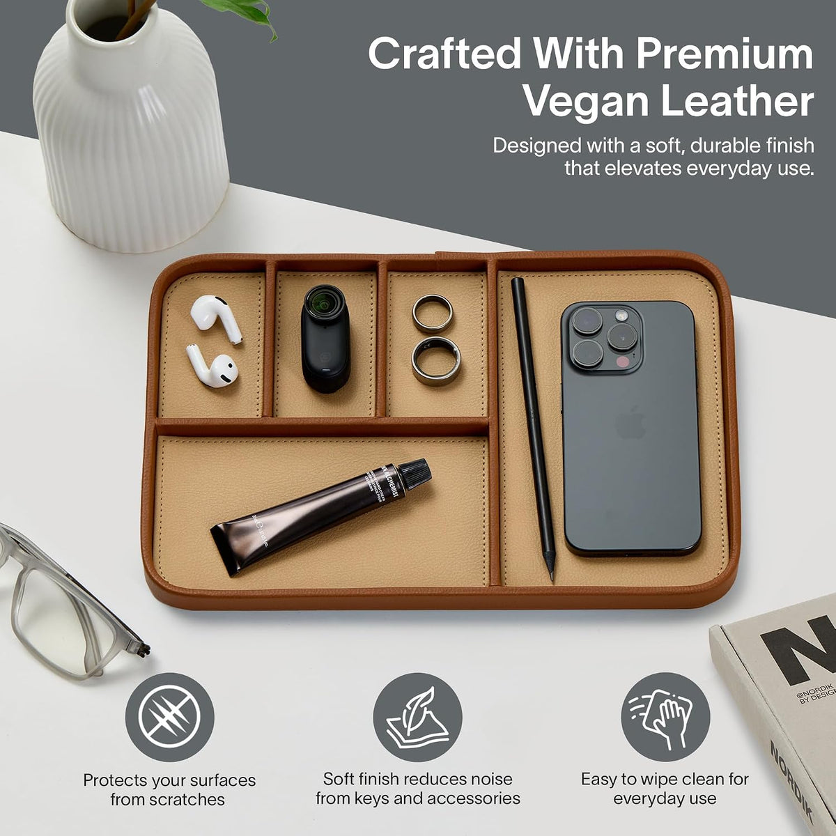 Nordik Leather Valet Tray - Medium EDC Tray - Pebble Black 9.5 x 7.9 in