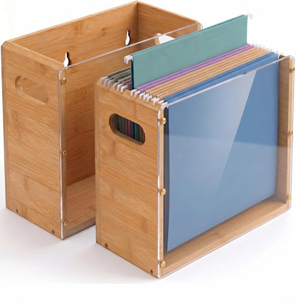 2 Pack Premium Thickened Bamboo Desktop Hanging File Organizer - Heavy Duty Portable Desk File Box with Handles, Sturdy Storage Crate for Letter Size Documents & Home Office