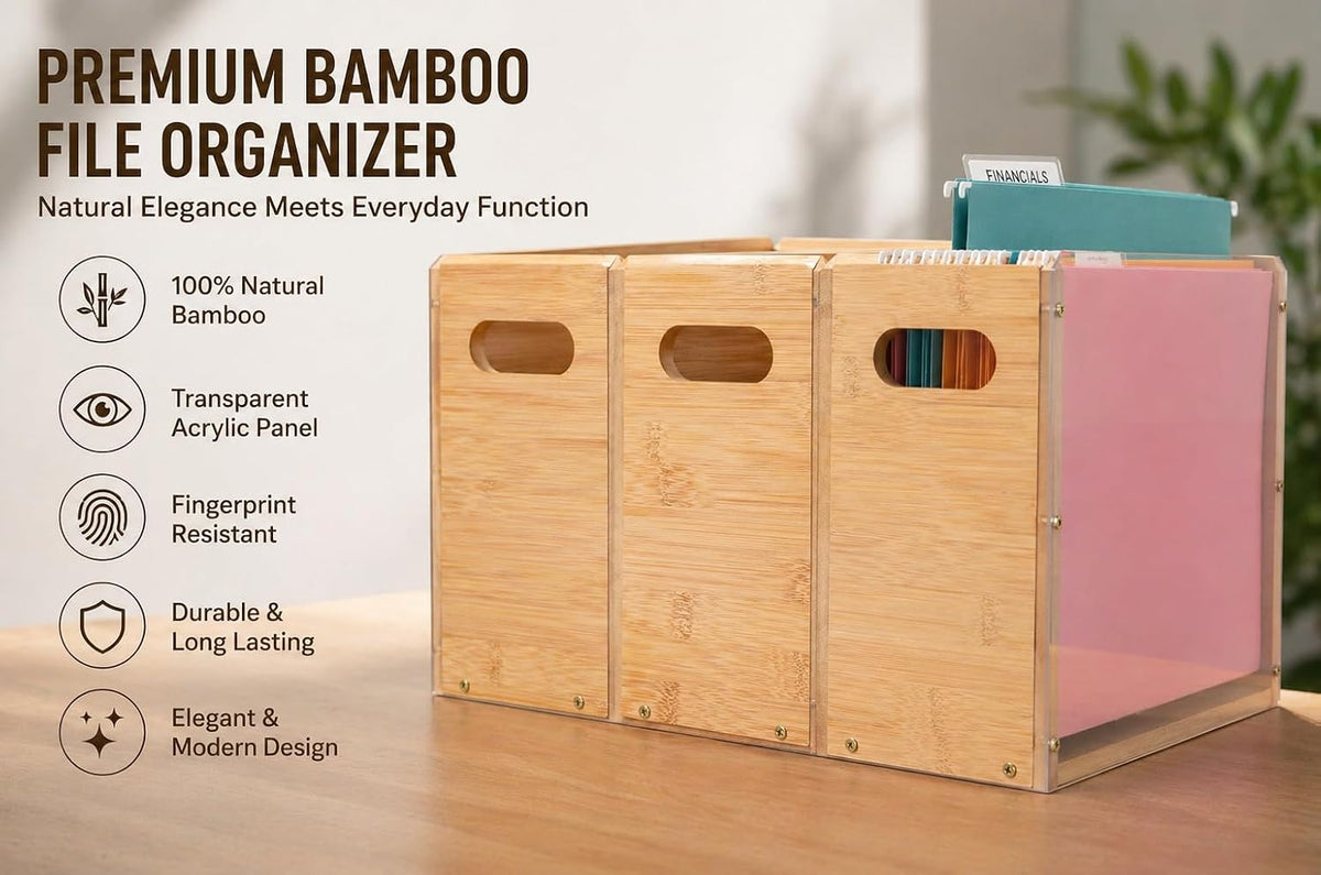 2 Pack Premium Thickened Bamboo Desktop Hanging File Organizer - Heavy Duty Portable Desk File Box with Handles, Sturdy Storage Crate for Letter Size Documents & Home Office