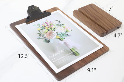 Solid Hardwood Walnut Clipboard with Stand,Wooden Menu Holder for Restaurant,Tabletop Display Stands,Bar Countertop Receipt Holder,Standing Clip Boards 8.5x11 with High Capacity Metal Clip