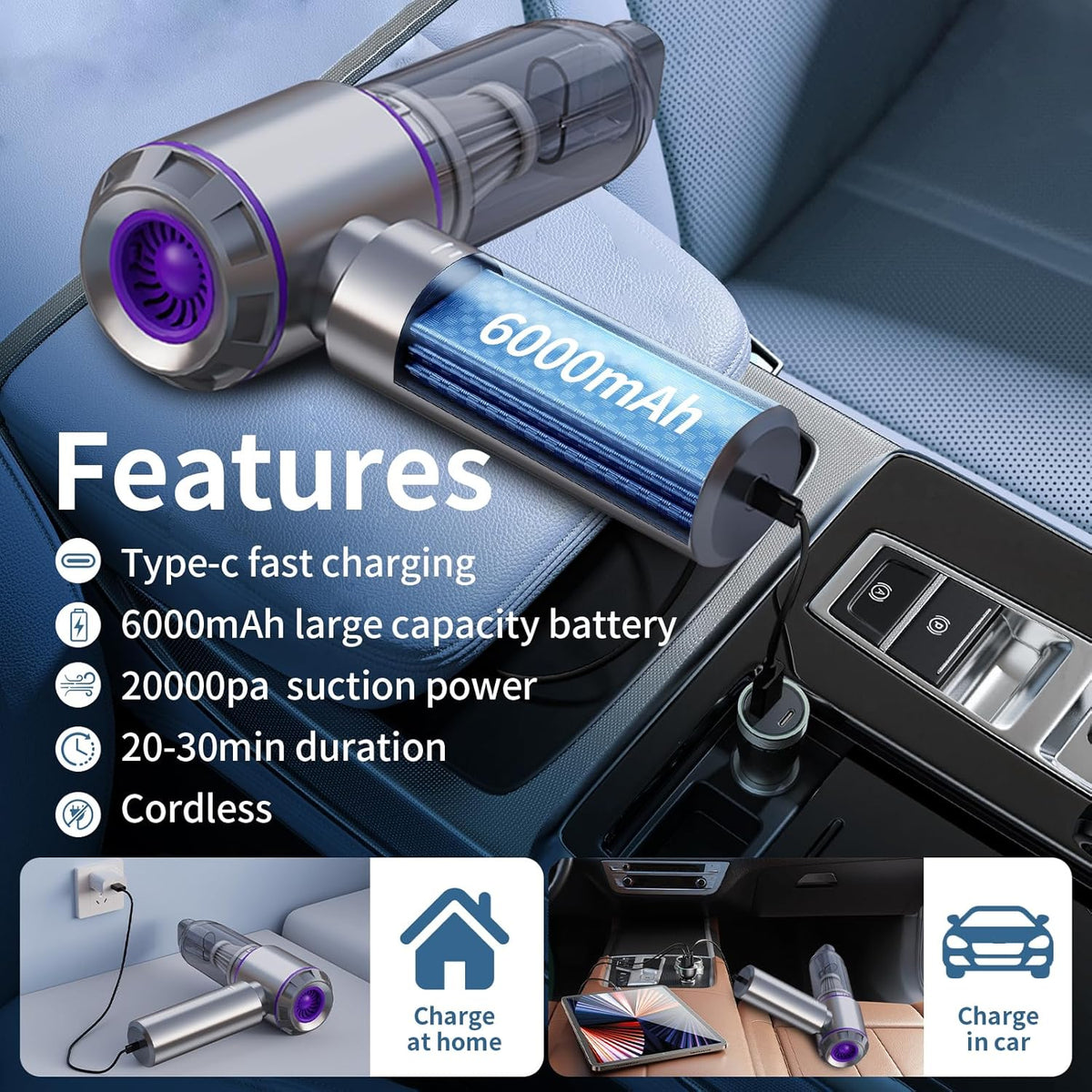 Car Vacuum Cleaner High Power, 20000Pa Portable Cordless Handheld Vacuum