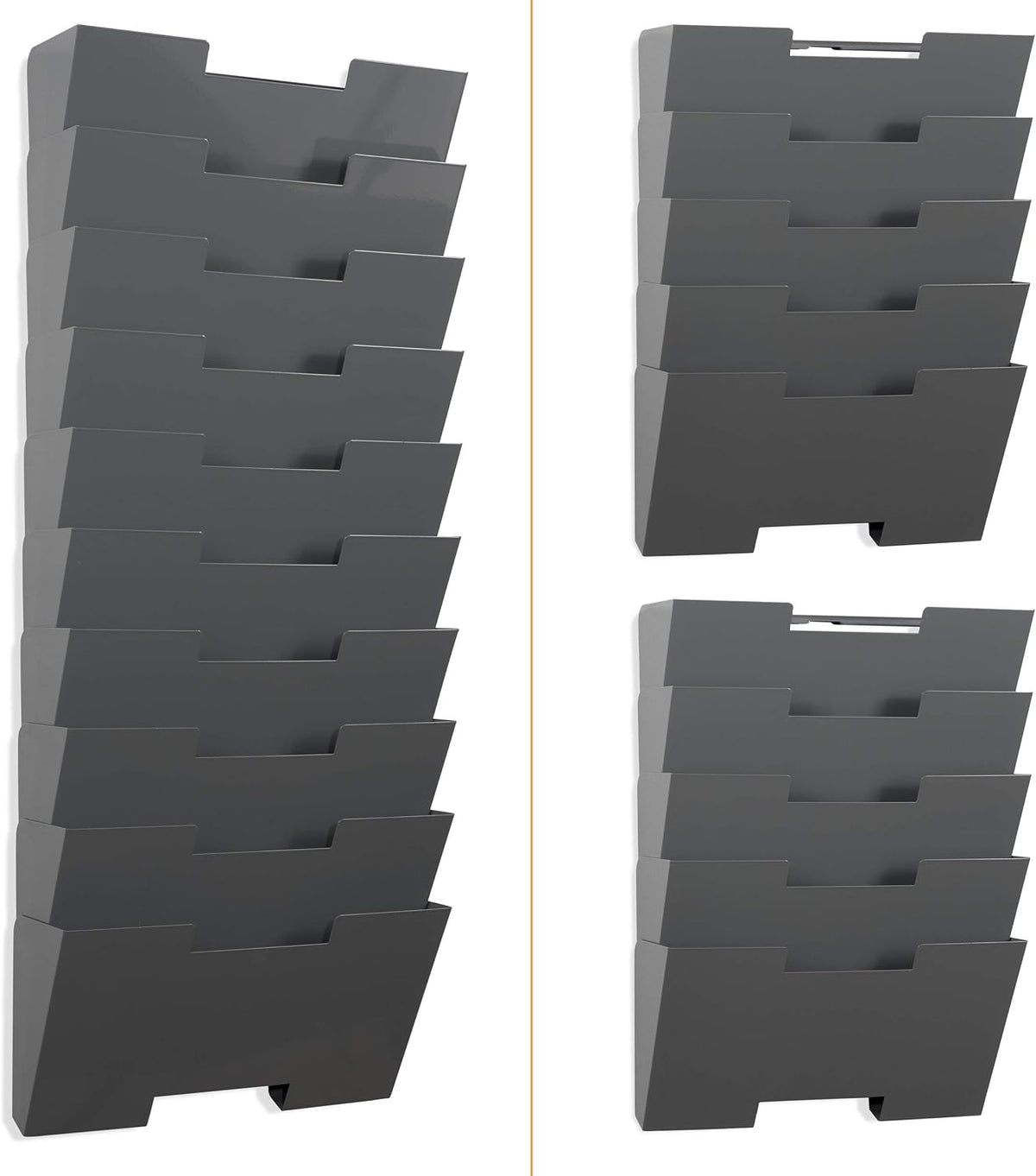 Gray Wall Mount Steel Vertical File Organizer Holder Rack 10 Sectional Modular Design Wider Than Letter Size 13 Inch Multi-Purpose Organize Display Magazines Sort Files and Folders