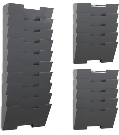 Gray Wall Mount Steel Vertical File Organizer Holder Rack 10 Sectional Modular Design Wider Than Letter Size 13 Inch Multi-Purpose Organize Display Magazines Sort Files and Folders