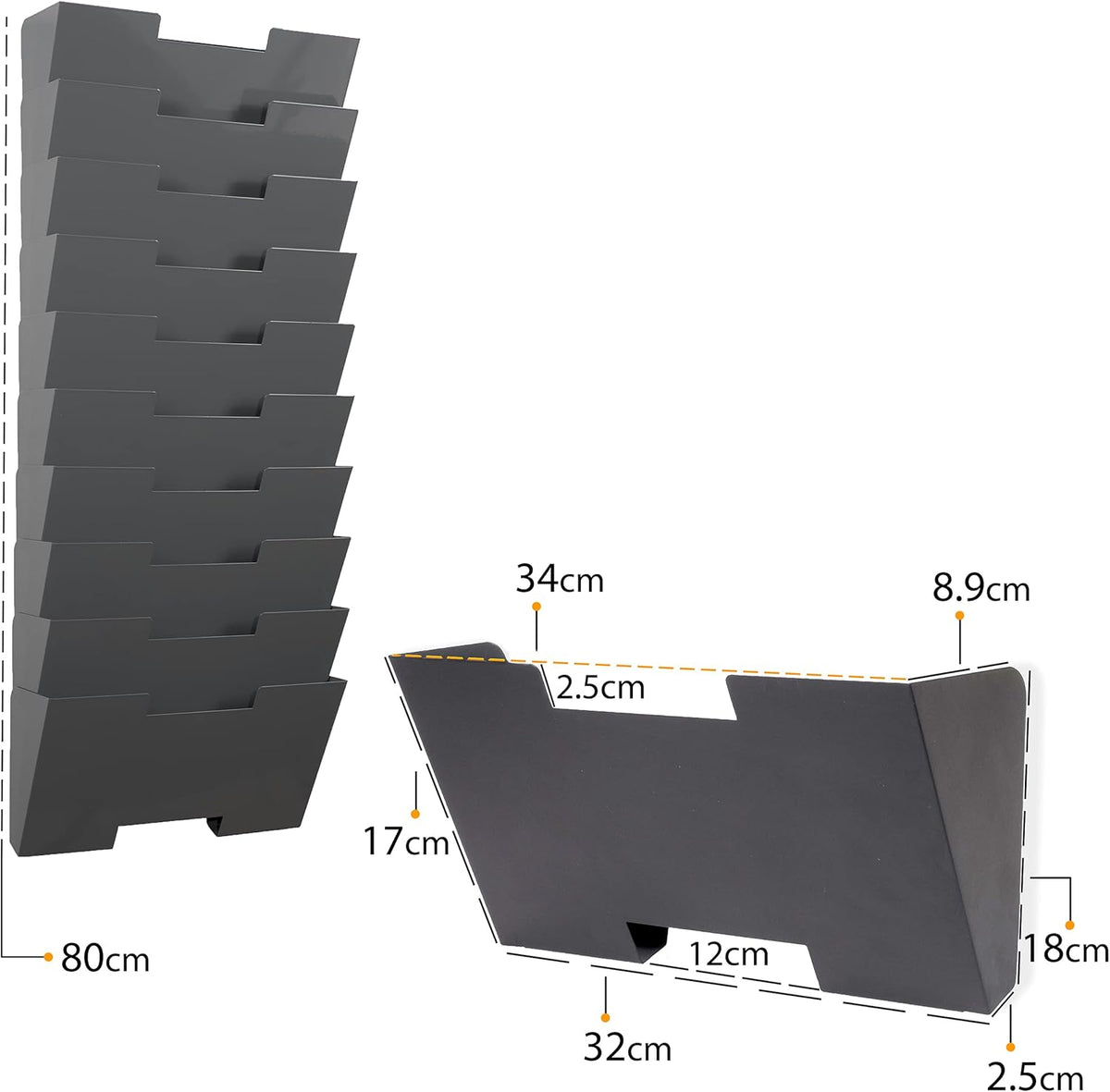 Gray Wall Mount Steel Vertical File Organizer Holder Rack 10 Sectional Modular Design Wider Than Letter Size 13 Inch Multi-Purpose Organize Display Magazines Sort Files and Folders
