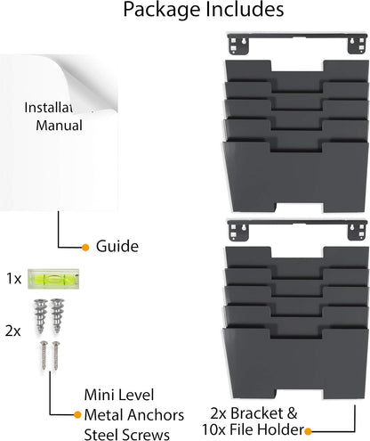 Gray Wall Mount Steel Vertical File Organizer Holder Rack 10 Sectional Modular Design Wider Than Letter Size 13 Inch Multi-Purpose Organize Display Magazines Sort Files and Folders