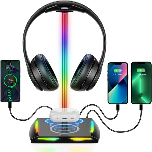 RGB Headphone Stand with 2 USB-C & 1 USB Charging Ports, Desk Gaming Headset Holder with 7 Light Modes and Non-Slip Rubber Base Suitable for All Earphone Accessories
