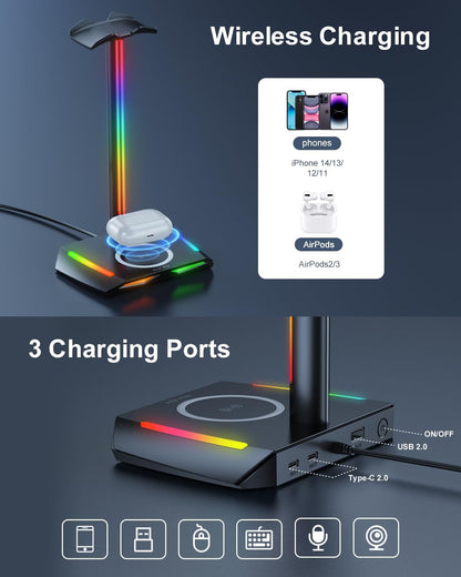 RGB Headphone Stand with 2 USB-C & 1 USB Charging Ports, Desk Gaming Headset Holder with 7 Light Modes and Non-Slip Rubber Base Suitable for All Earphone Accessories