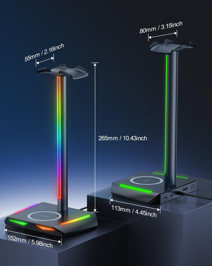 RGB Headphone Stand with 2 USB-C & 1 USB Charging Ports, Desk Gaming Headset Holder with 7 Light Modes and Non-Slip Rubber Base Suitable for All Earphone Accessories