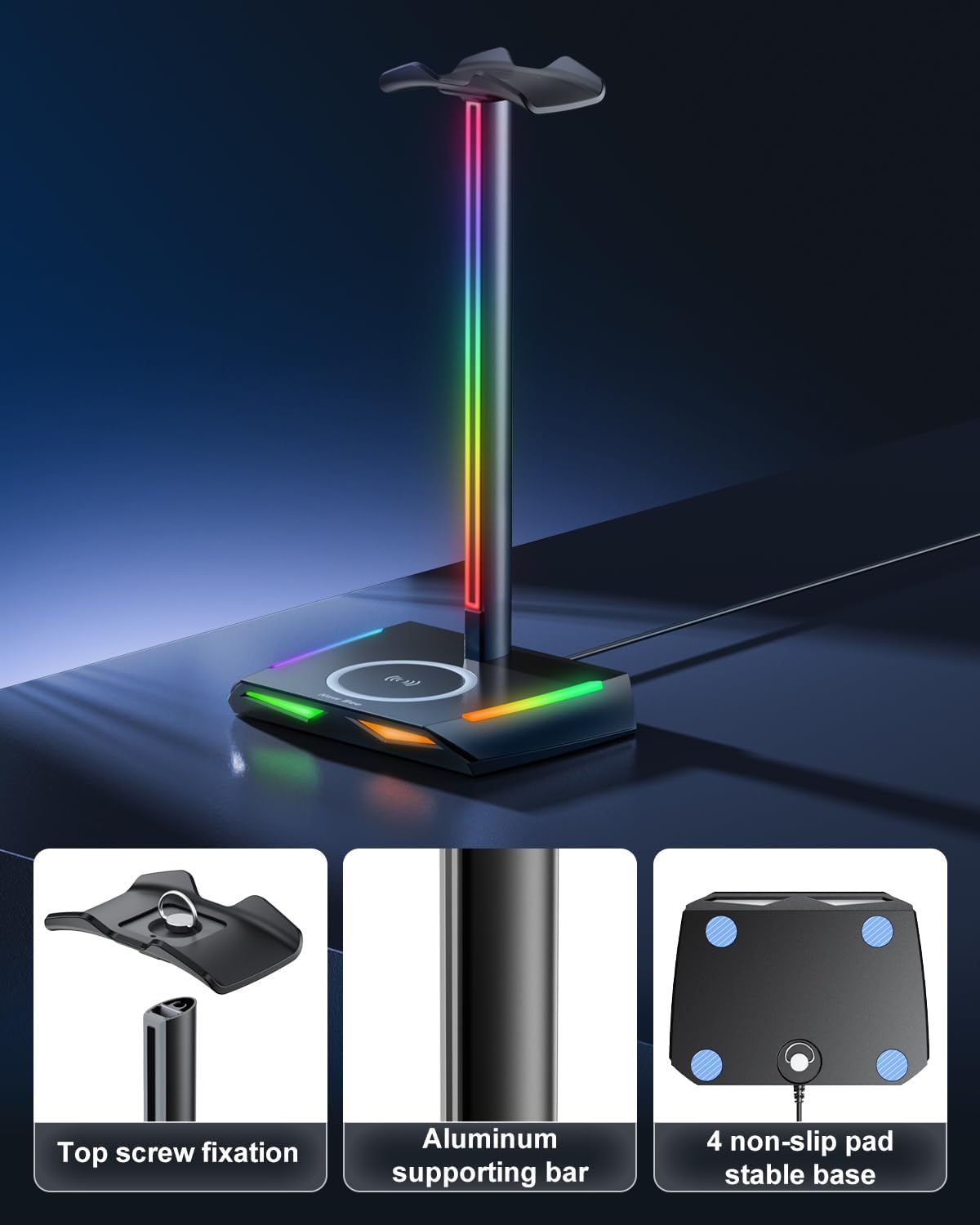 RGB Headphone Stand with 2 USB-C & 1 USB Charging Ports, Desk Gaming Headset Holder with 7 Light Modes and Non-Slip Rubber Base Suitable for All Earphone Accessories
