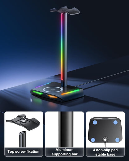 RGB Headphone Stand with 2 USB-C & 1 USB Charging Ports, Desk Gaming Headset Holder with 7 Light Modes and Non-Slip Rubber Base Suitable for All Earphone Accessories