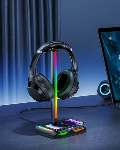 RGB Headphone Stand with 2 USB-C & 1 USB Charging Ports, Desk Gaming Headset Holder with 7 Light Modes and Non-Slip Rubber Base Suitable for All Earphone Accessories