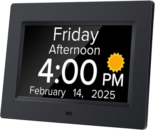 Digital Alarm Clock with Date and Day of Week for Dementia Seniors, Voice Announcement Time, Multiple Alarm Sets, Auto DST, Gifts for Elderly People with Dementia - Black