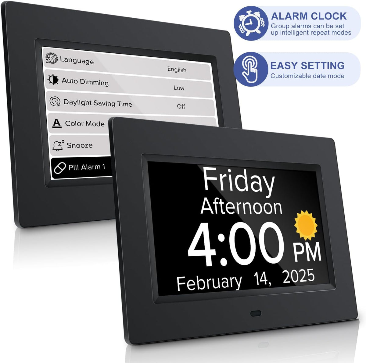 Digital Alarm Clock with Date and Day of Week for Dementia Seniors, Voice Announcement Time, Multiple Alarm Sets, Auto DST, Gifts for Elderly People with Dementia - Black
