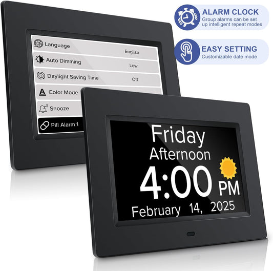 Digital Alarm Clock with Date and Day of Week for Dementia Seniors, Voice Announcement Time, Multiple Alarm Sets, Auto DST, Gifts for Elderly People with Dementia - Black