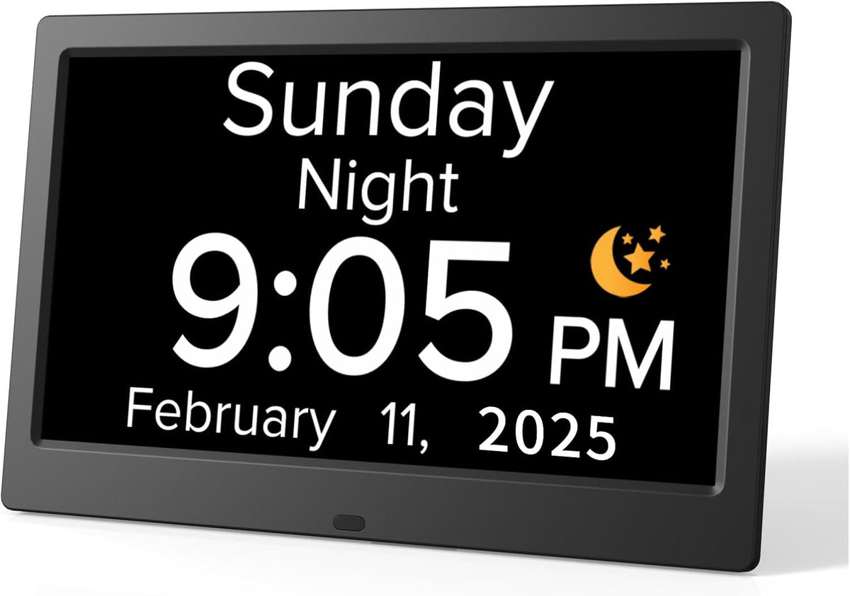 Digital Alarm Clock with Date and Day of Week for Dementia Seniors, Voice Announcement Time, Multiple Alarm Sets, Auto DST, Gifts for Elderly People with Dementia - Black