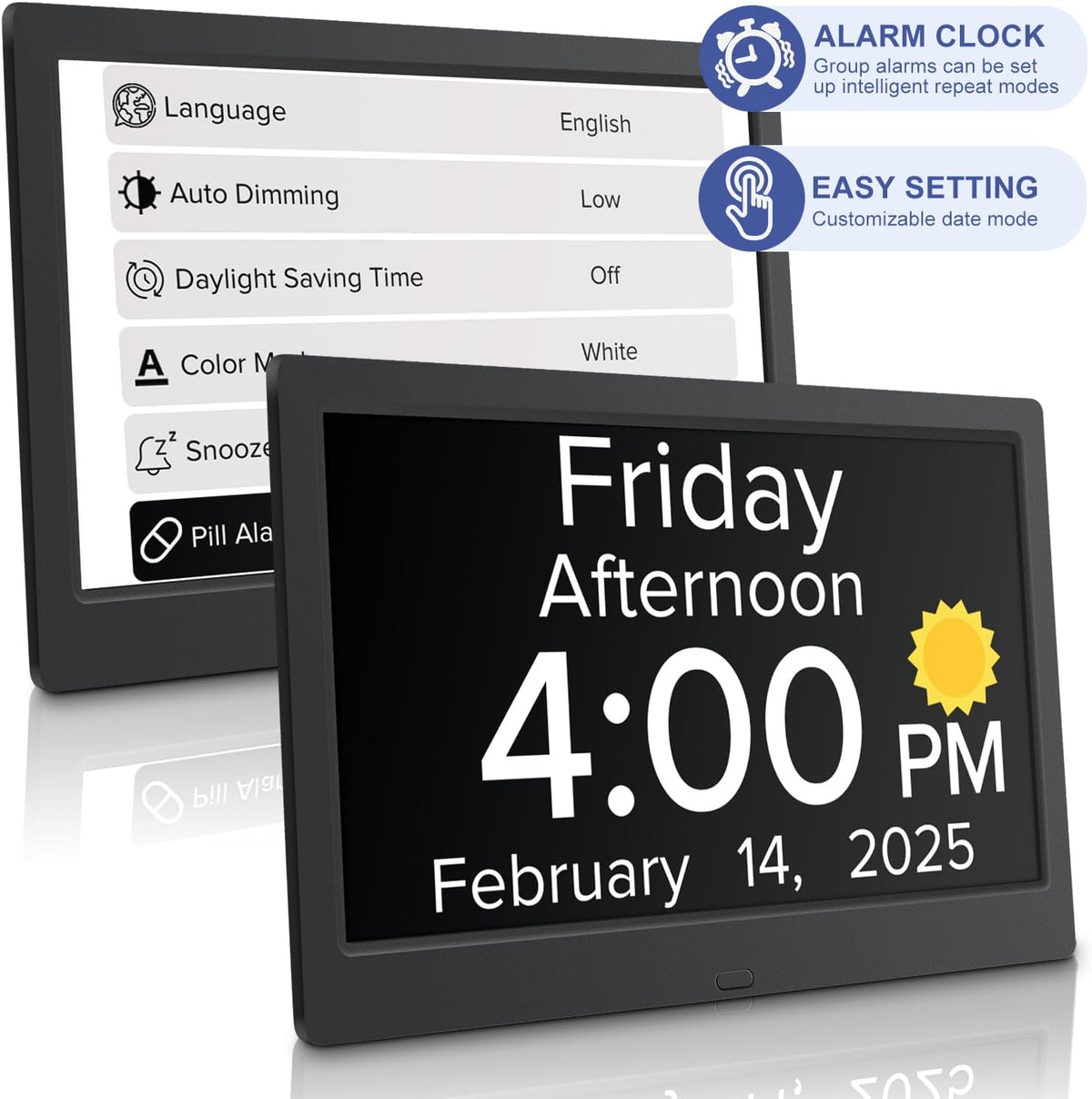 Digital Alarm Clock with Date and Day of Week for Dementia Seniors, Voice Announcement Time, Multiple Alarm Sets, Auto DST, Gifts for Elderly People with Dementia - Black