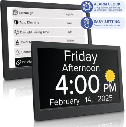 Digital Alarm Clock with Date and Day of Week for Dementia Seniors, Voice Announcement Time, Multiple Alarm Sets, Auto DST, Gifts for Elderly People with Dementia - Black