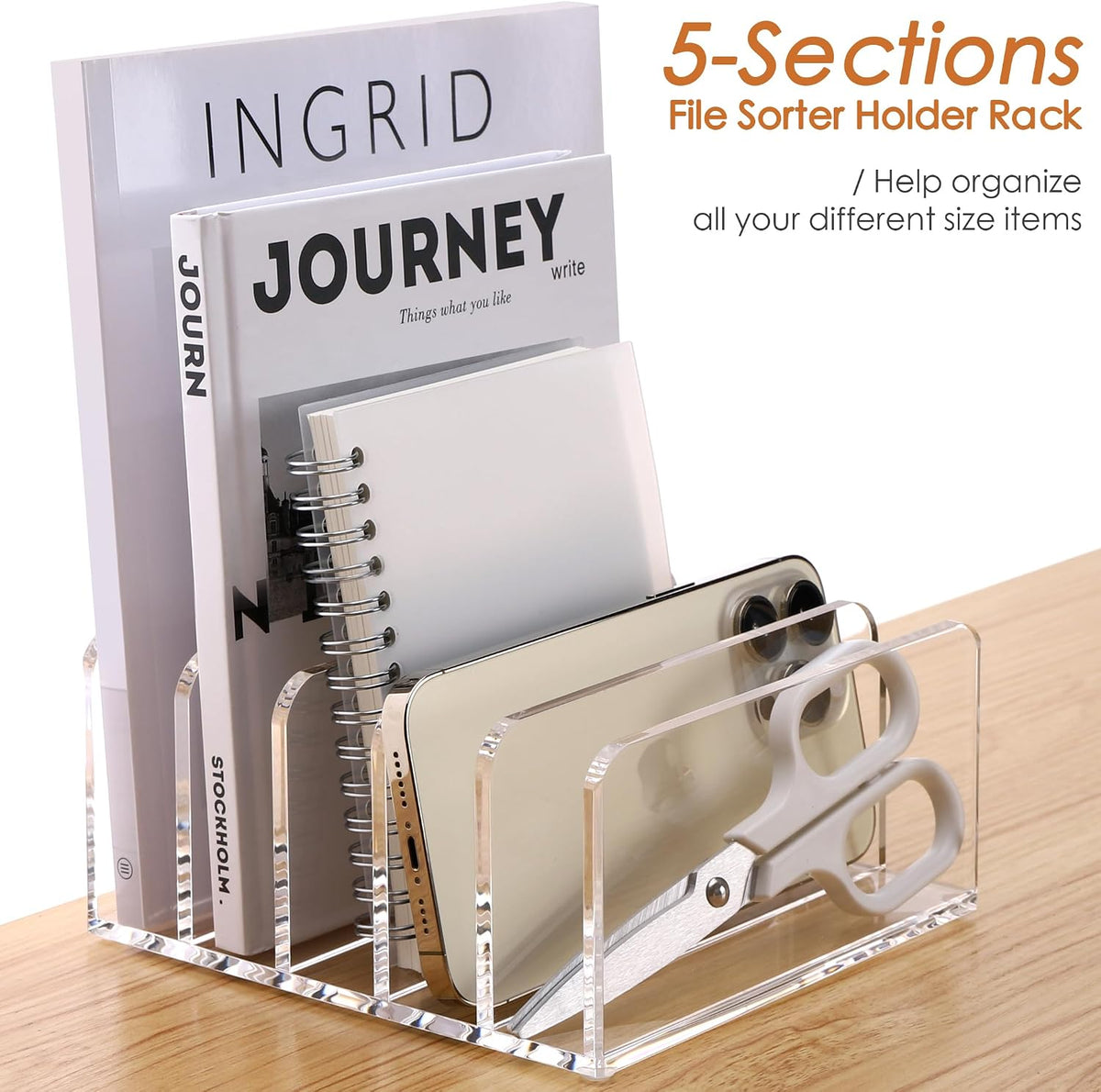 Acrylic Mail Holder, 5-Slot Vertical Letter Sorter, Clear