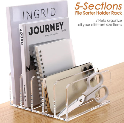 Acrylic Mail Holder, 5-Slot Vertical Letter Sorter, Clear