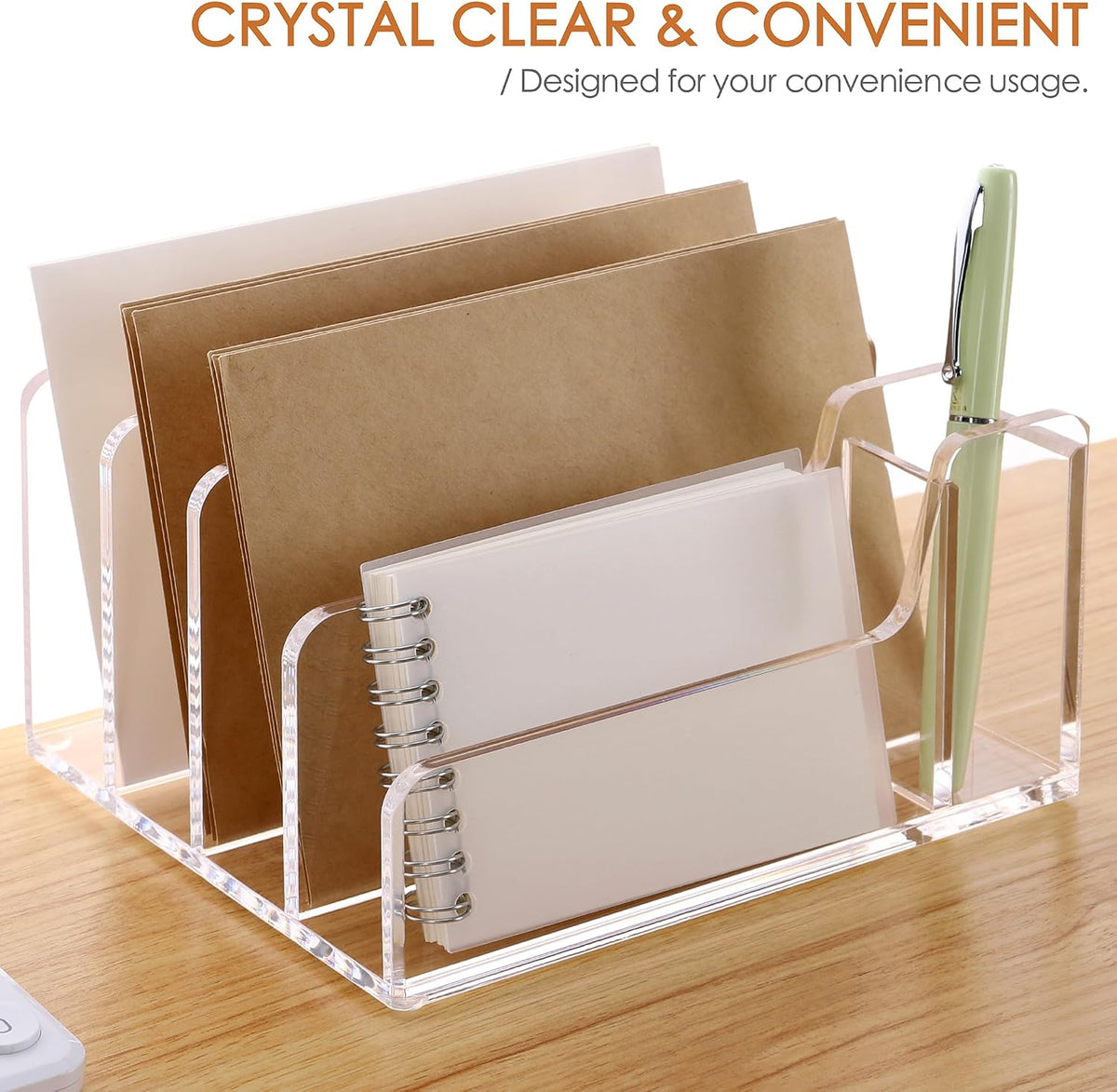 Acrylic Mail Holder, 5-Slot Vertical Letter Sorter, Clear