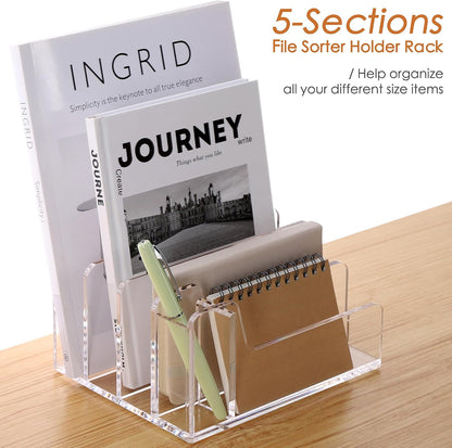 Acrylic Mail Holder, 5-Slot Vertical Letter Sorter, Clear