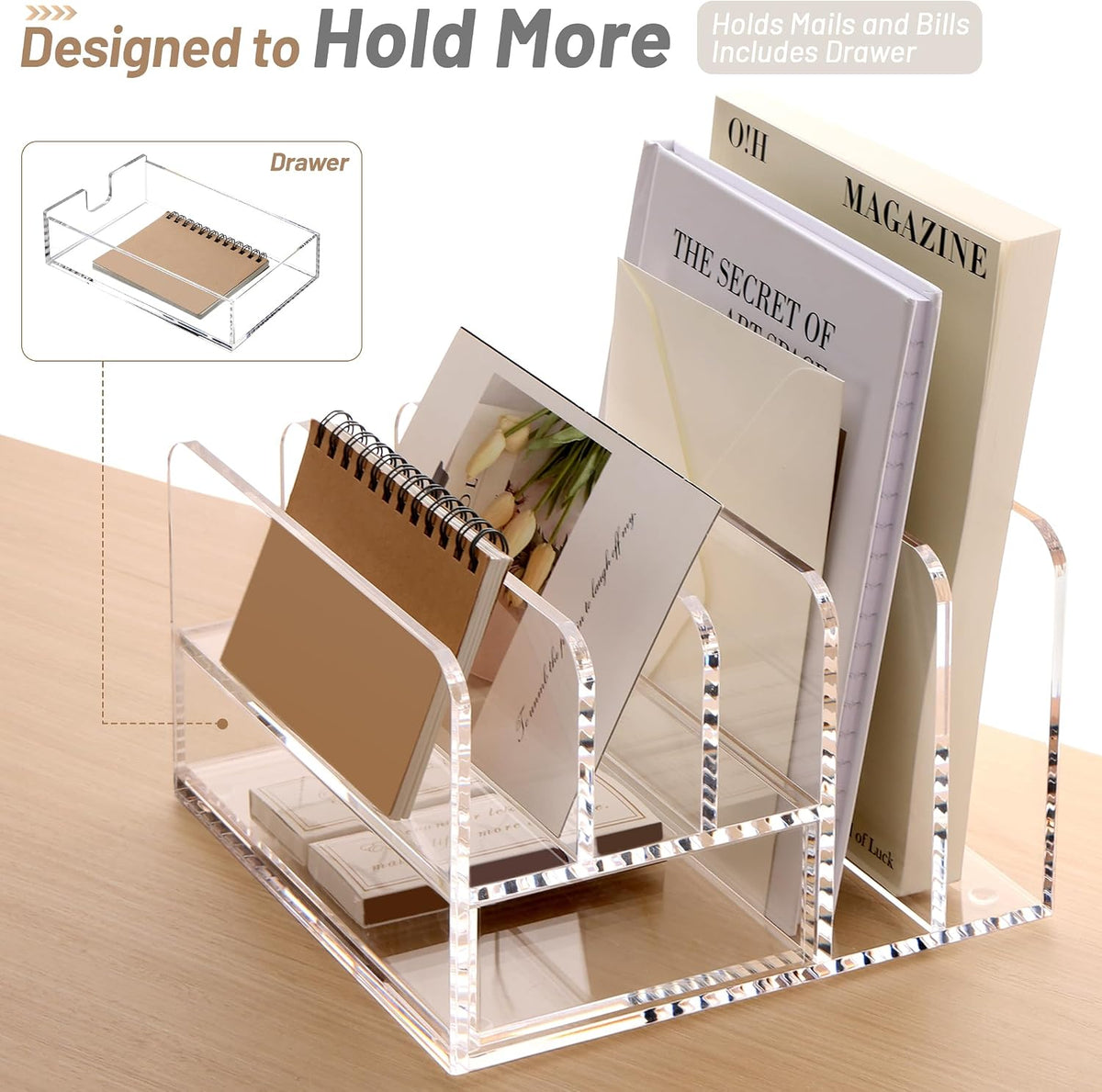 Acrylic Mail Holder, 5-Slot Vertical Letter Sorter, Clear