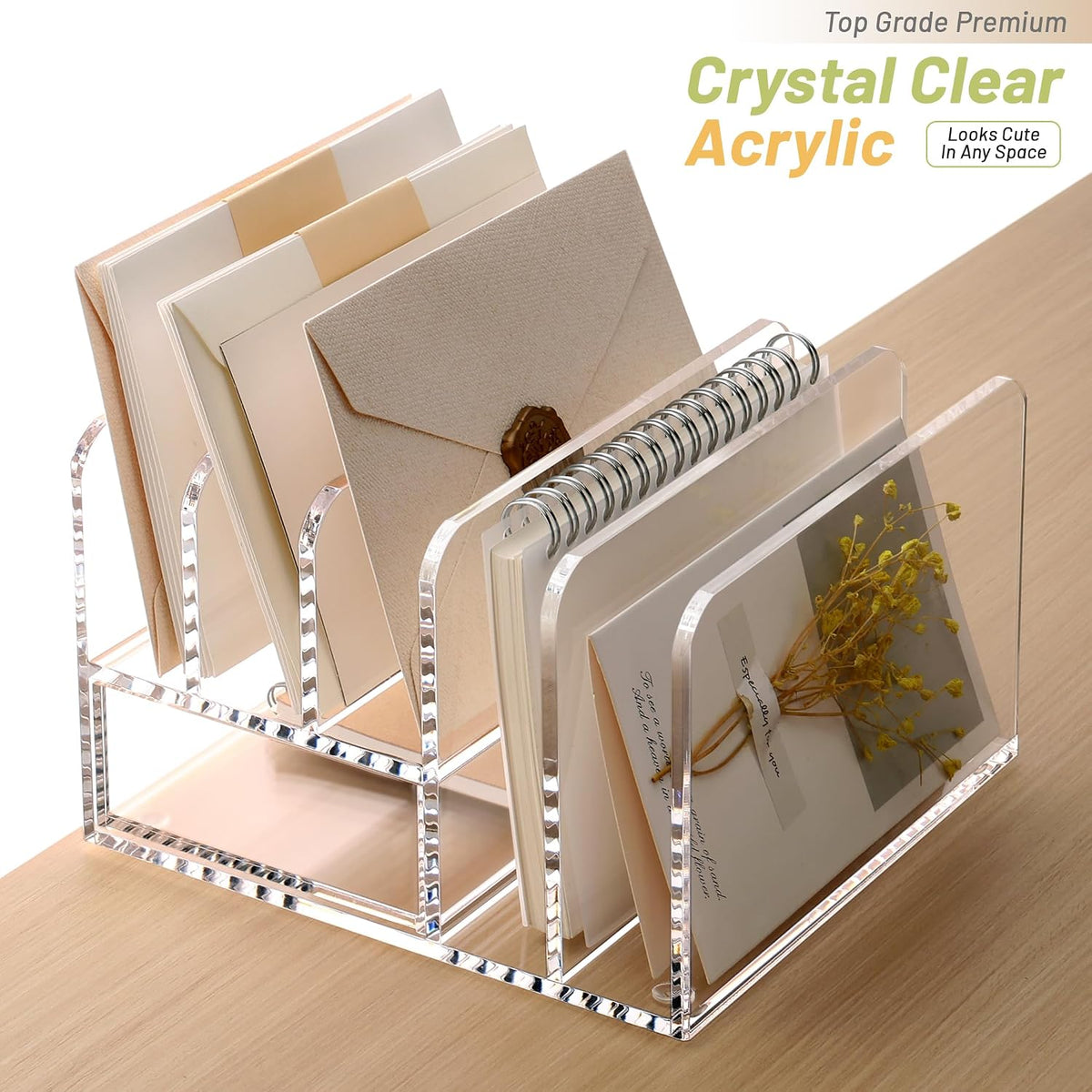 Acrylic Mail Holder, 5-Slot Vertical Letter Sorter, Clear