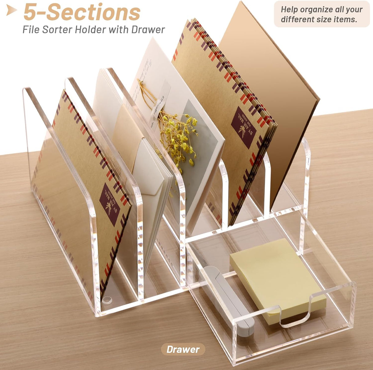 Acrylic Mail Holder, 5-Slot Vertical Letter Sorter, Clear