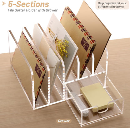 Acrylic Mail Holder, 5-Slot Vertical Letter Sorter, Clear