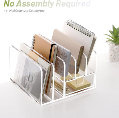 Acrylic Mail Holder, 5-Slot Vertical Letter Sorter, Clear