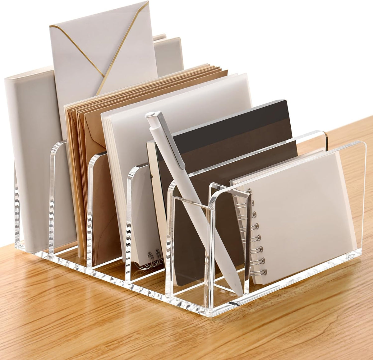 Acrylic Mail Holder, 5-Slot Vertical Letter Sorter, Clear
