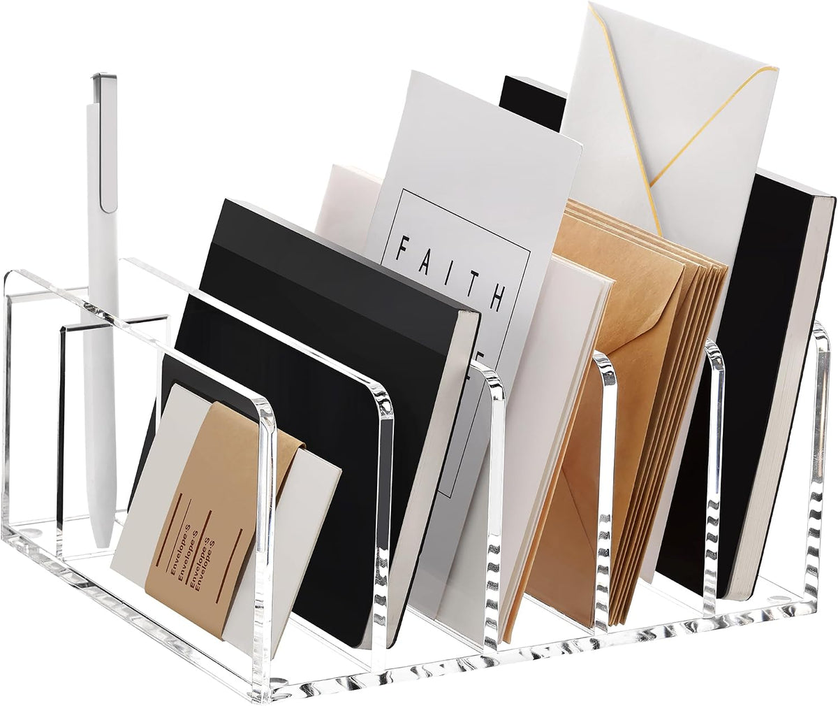 Acrylic Mail Holder, 5-Slot Vertical Letter Sorter, Clear