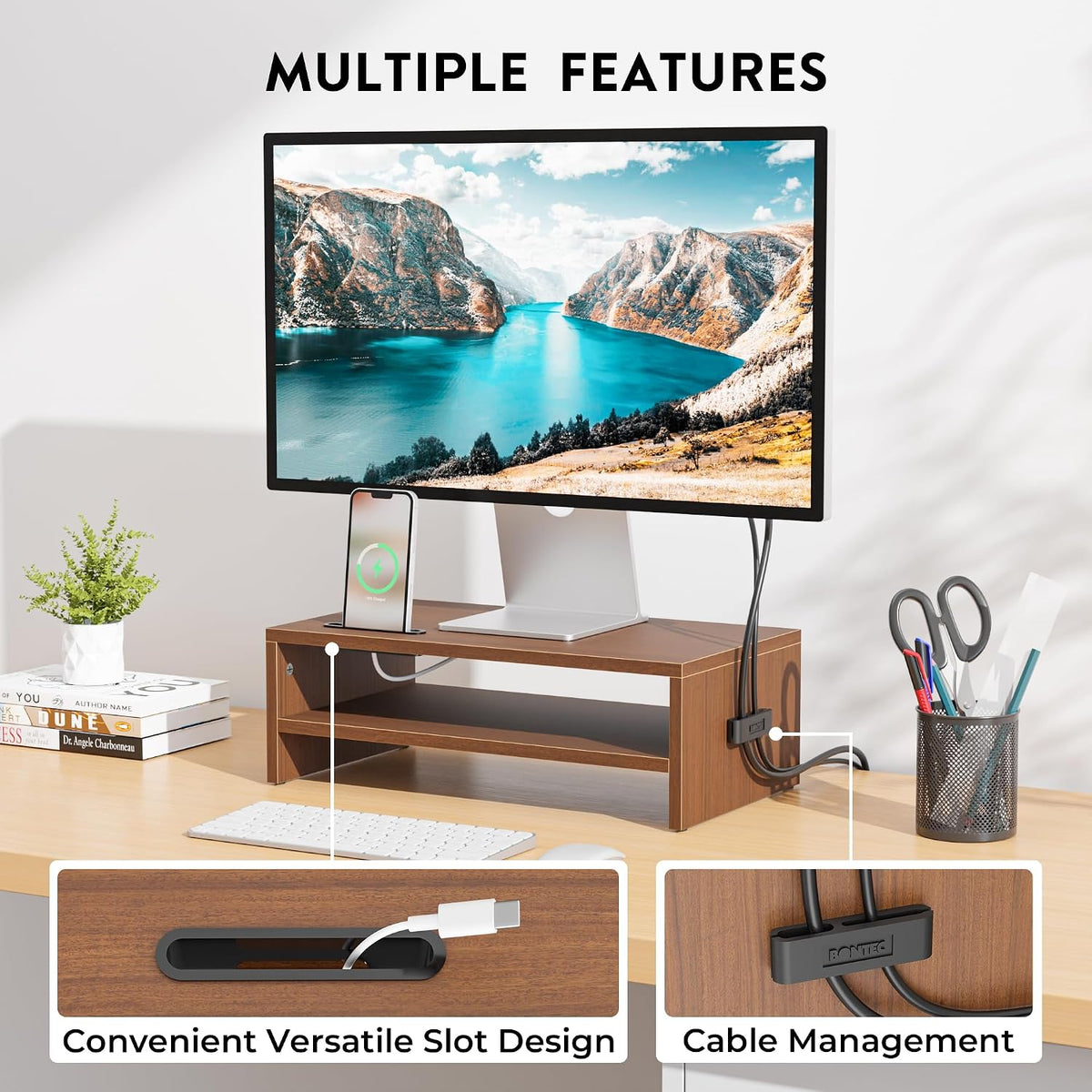 Wooden Monitor Stand Riser for Desk, 2-Tier Computer Monitor Stand