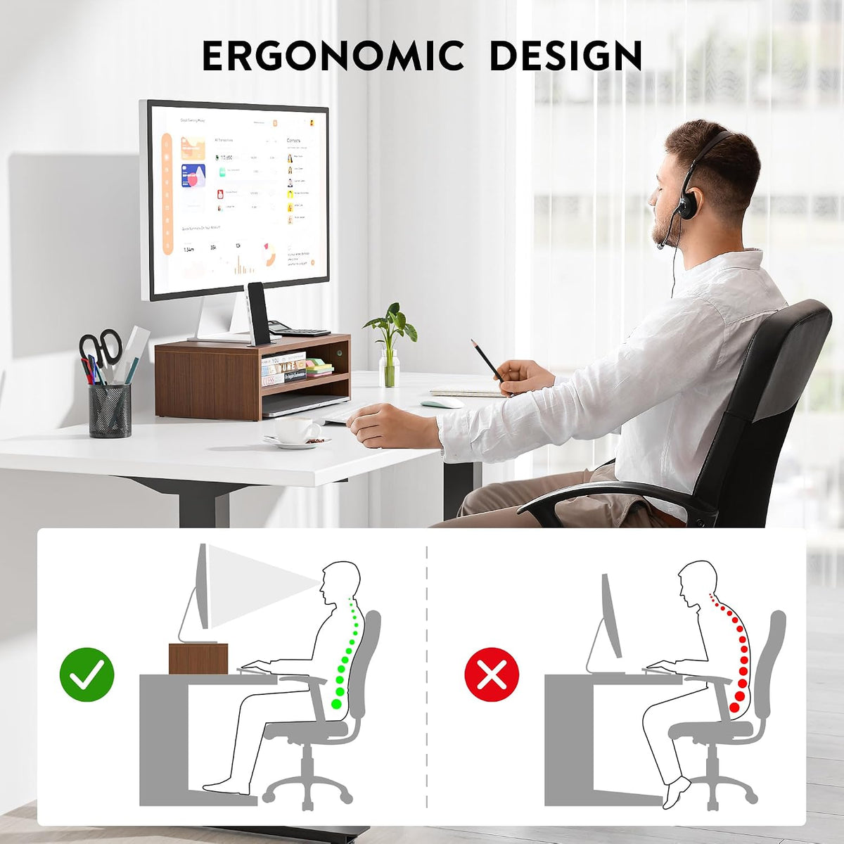 Wooden Monitor Stand Riser for Desk, 2-Tier Computer Monitor Stand