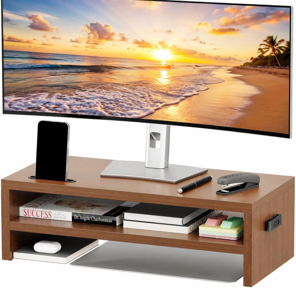 Wooden Monitor Stand Riser for Desk, 2-Tier Computer Monitor Stand