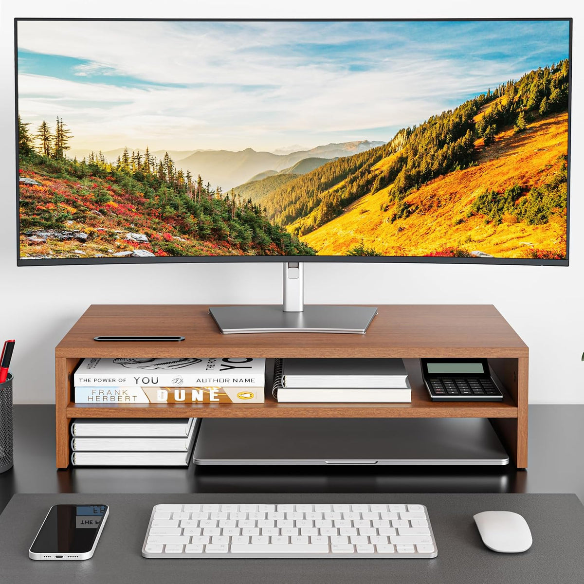 Wooden Monitor Stand Riser for Desk, 2-Tier Computer Monitor Stand