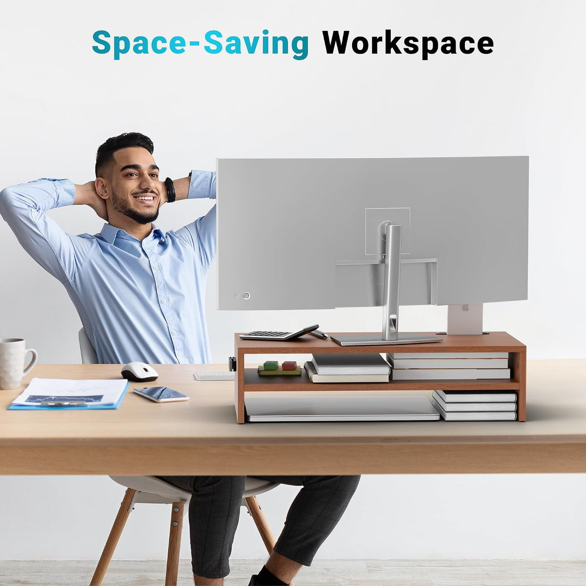Wooden Monitor Stand Riser for Desk, 2-Tier Computer Monitor Stand