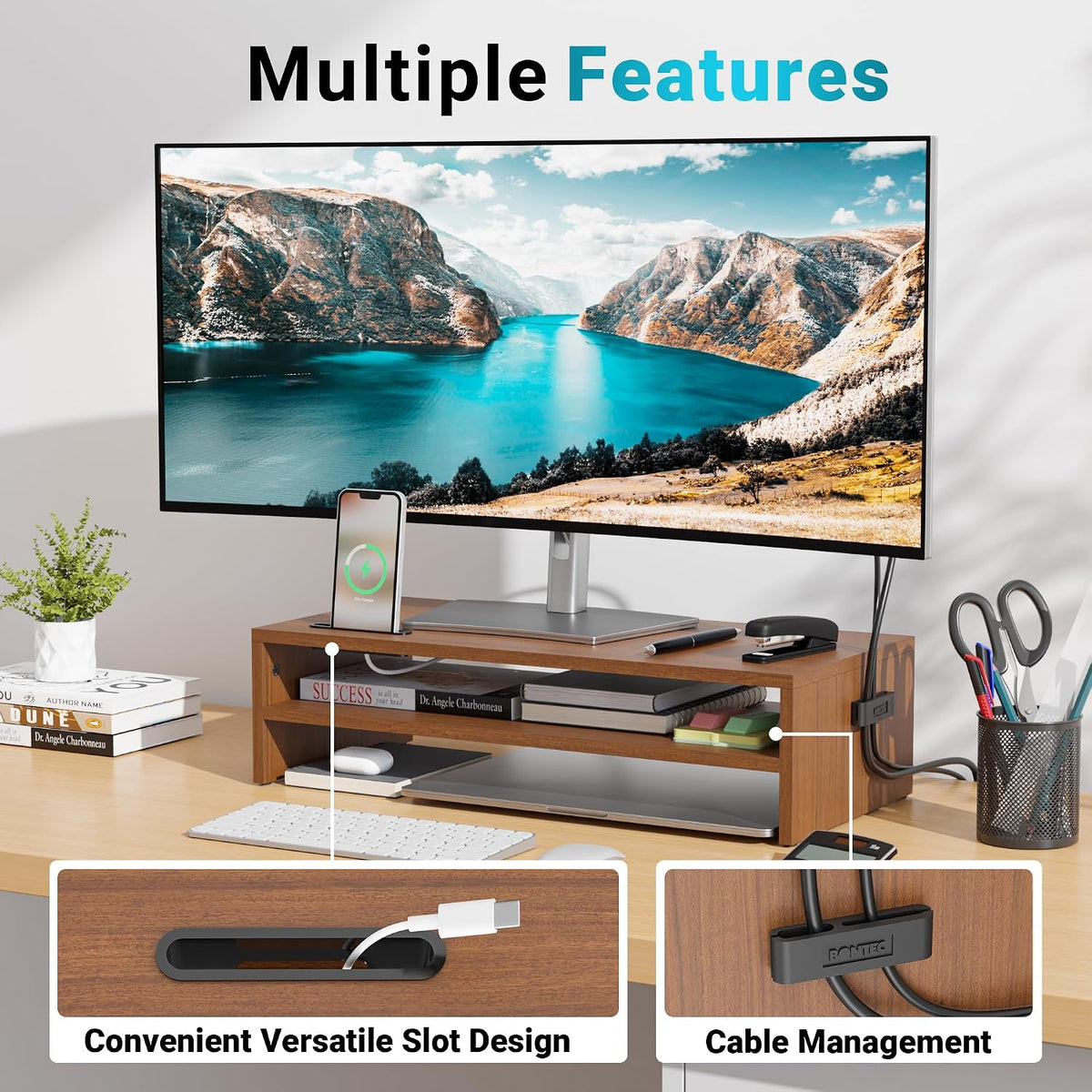 Wooden Monitor Stand Riser for Desk, 2-Tier Computer Monitor Stand