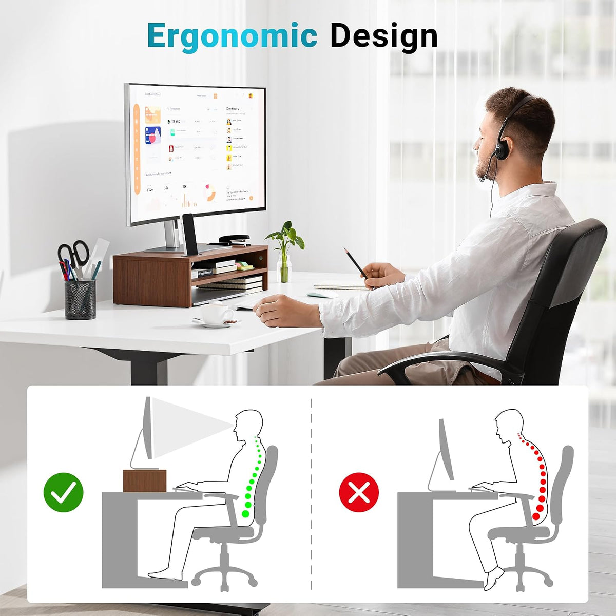 Wooden Monitor Stand Riser for Desk, 2-Tier Computer Monitor Stand