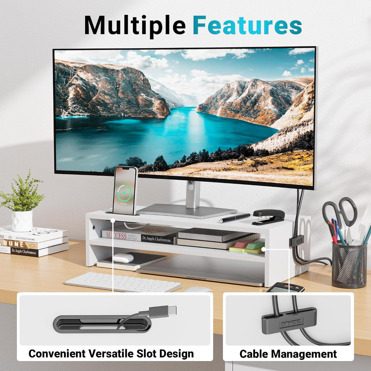 Wooden Monitor Stand Riser for Desk, 2-Tier Computer Monitor Stand