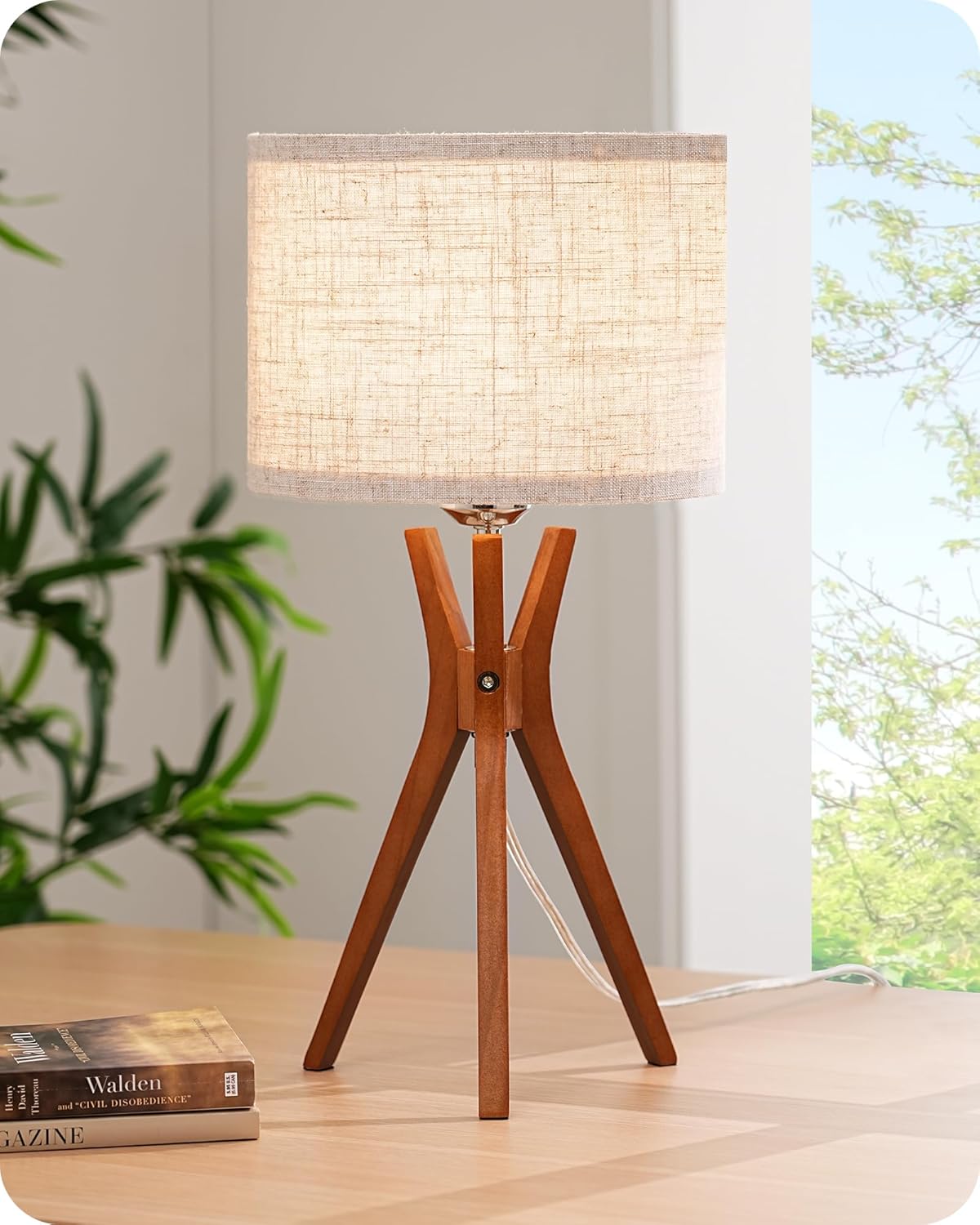 Mid Century Table Lamp, 17.5" Tripod Bedside Lamp with Deep Wood Color Light Base & Beige Linen Lampshade, Nightstand Lamp for Bedroom, Living Room, Reading Room, E26 Base