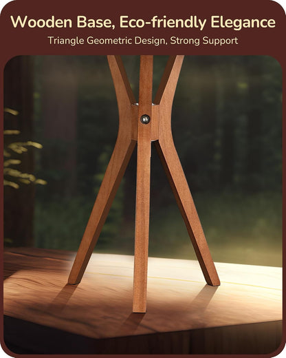 Mid Century Table Lamp, 17.5" Tripod Bedside Lamp with Deep Wood Color Light Base & Beige Linen Lampshade, Nightstand Lamp for Bedroom, Living Room, Reading Room, E26 Base