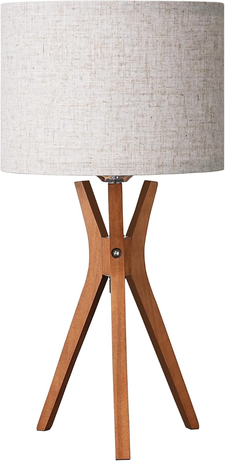 Mid Century Table Lamp, 17.5" Tripod Bedside Lamp with Deep Wood Color Light Base & Beige Linen Lampshade, Nightstand Lamp for Bedroom, Living Room, Reading Room, E26 Base