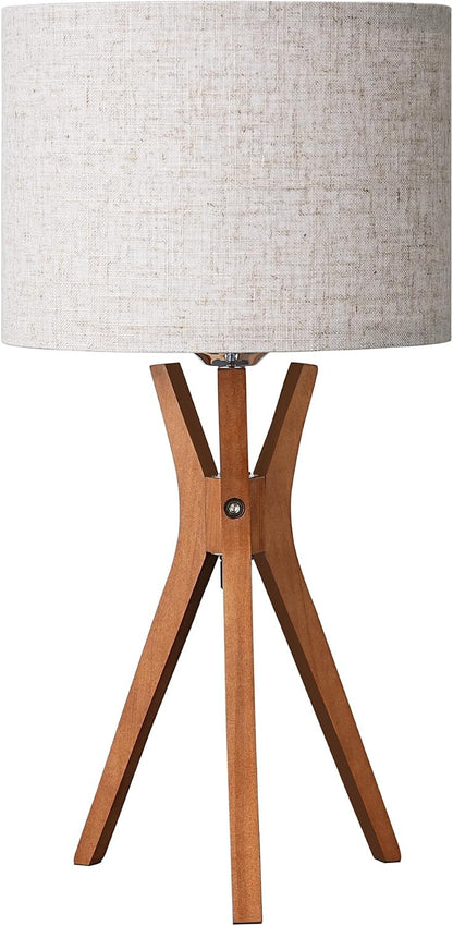 Mid Century Table Lamp, 17.5" Tripod Bedside Lamp with Deep Wood Color Light Base & Beige Linen Lampshade, Nightstand Lamp for Bedroom, Living Room, Reading Room, E26 Base